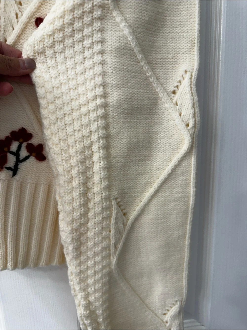 Handmade Cream Chunky Knit Button-Front Sweater with Burgundy Floral Embroidery